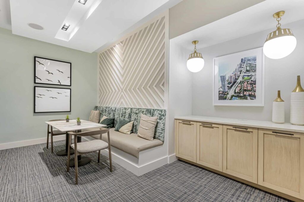 Co working lounge with booth and tables