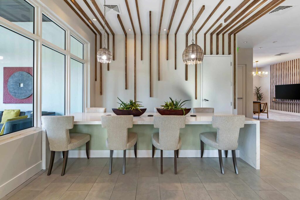 Clubhouse lounge with booths and tables